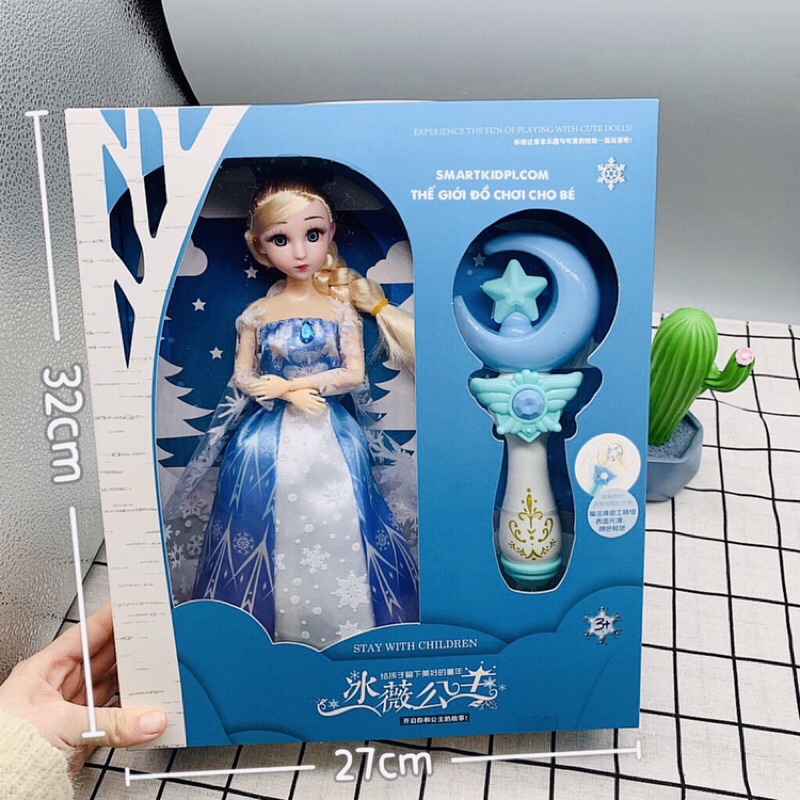 Búp bê Elsa 5D Nữ Hoàng Băng Giá  Kèm Gậy Phát Sáng Hàng Đẹp Cỡ To Tóc Mây Tết Tóc