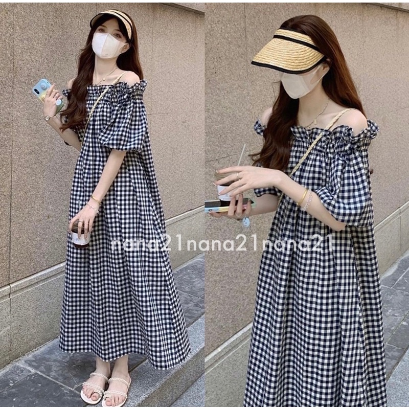 Váy trễ vai kẻ caro dáng dài Nana21 Nanastore21