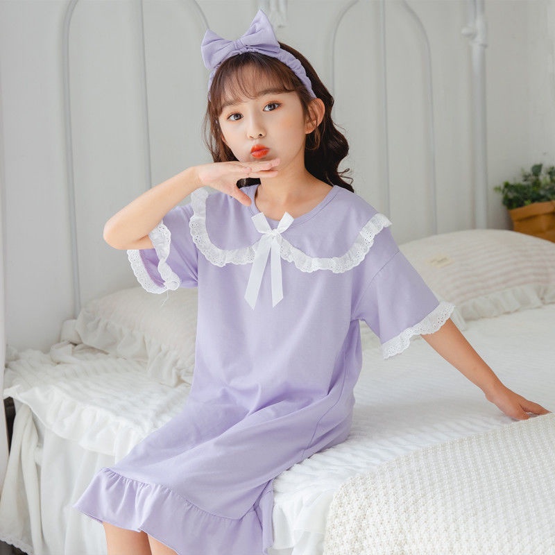 Đầm ngủ Cotton mỏng ngắn tay phối ren thời trang mùa hè cho bé gái