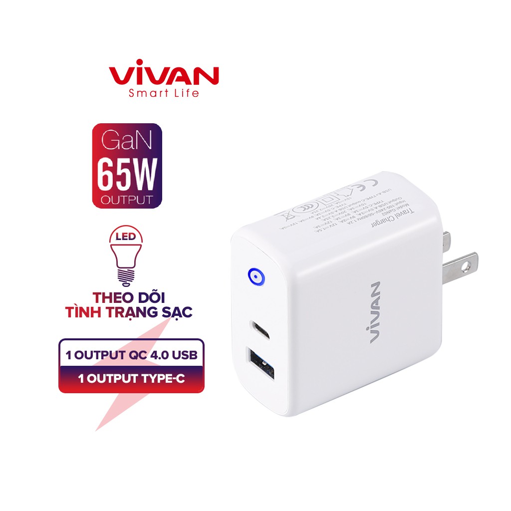 Cốc Sạc Nhanh 65W VIVAN GaN02 Tương Thích Với Các Thiết Bị Android/iOS - BẢO HÀNH 12 THÁNG