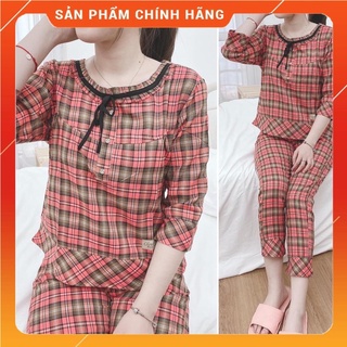 Đồ bộ kate sọc đỏ dài mặc nhà không nhăn, quần dài