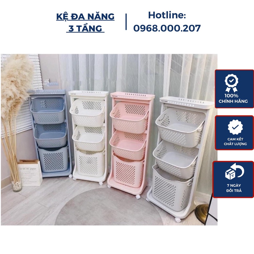 Kệ đựng đồ đa năng, 3 tầng có bánh xe việt nhật, đựng quần áo, đồ dùng cho mẹ và bé