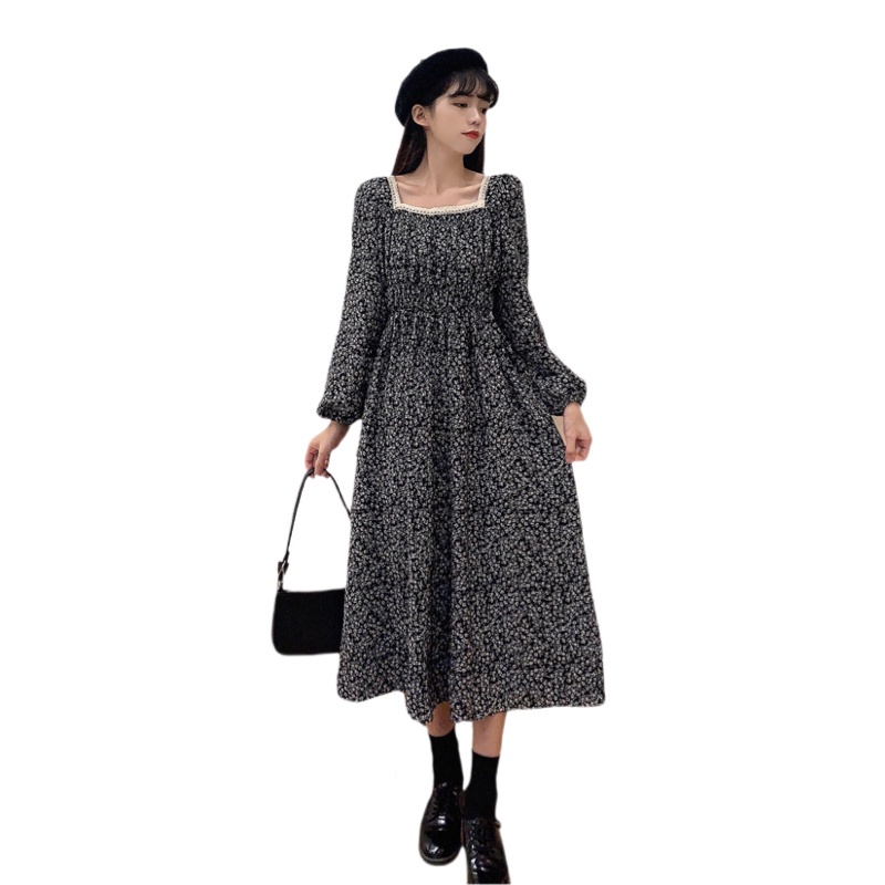 Đầm họa tiết hoa dáng dài phong cách Hàn Quốc thời trang mùa thu cho nữ