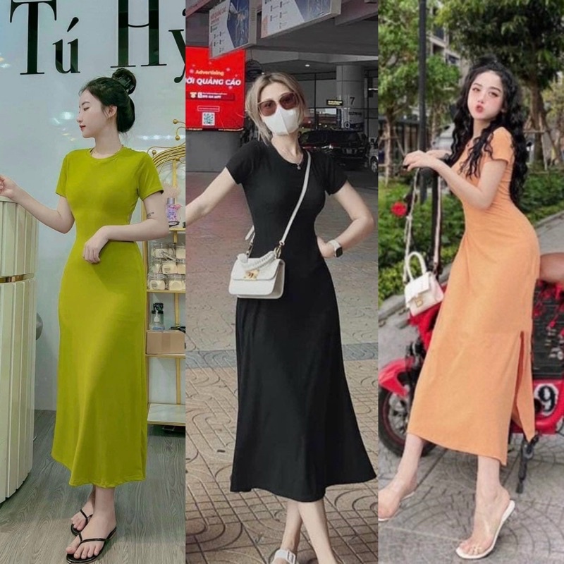 Đầm Body Thun Dáng Dài Xẻ Tà Năng Động Màu Đen (Hàng Sẵn, Ảnh Thật) alohashop91