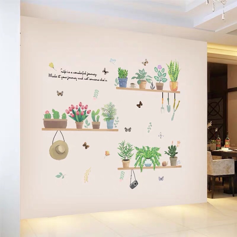 Decal dán tường chậu cây xanh trên kệ, sẵn keo dán không thấm nước .