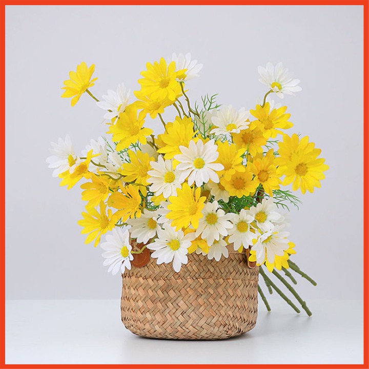 Hoa cúc vàng vải lụa siêu đẹp, Hoa giả decor phòng, trang trí nhà cửa, lễ tết 1 cành 5 bông 52cm