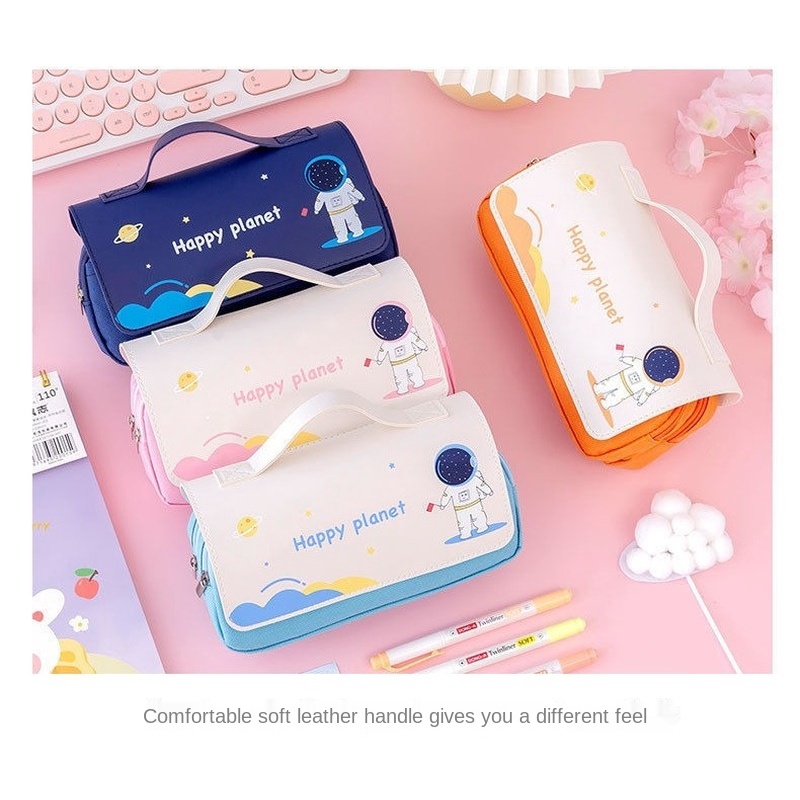 Túi đựng bút bằng vải Canvas nắp lật cỡ lớn đa năng in hình phi hành gia dễ thương cho học sinh