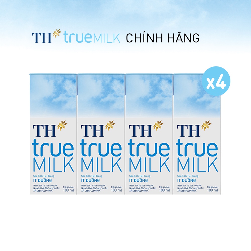 4 Lốc sữa tươi tiệt trùng ít đường TH True Milk 180ml (180ml x 4 hộp)