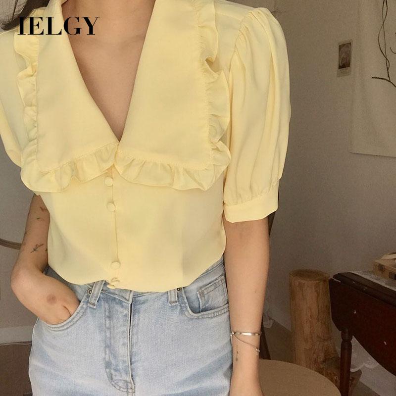 IELGY Áo Sơ Mi chiffon Tay Ngắn Dáng Rộng Cổ Búp Bê Màu Vàng Và Trắng Dành Cho Nữ