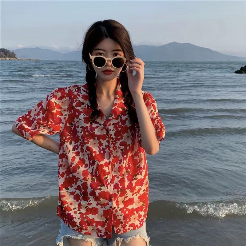 Áo sơ mi SUXI tay ngắn dáng rộng in họa tiết hoa màu đỏ phong cách vintage thời trang mùa hè dành cho nữ