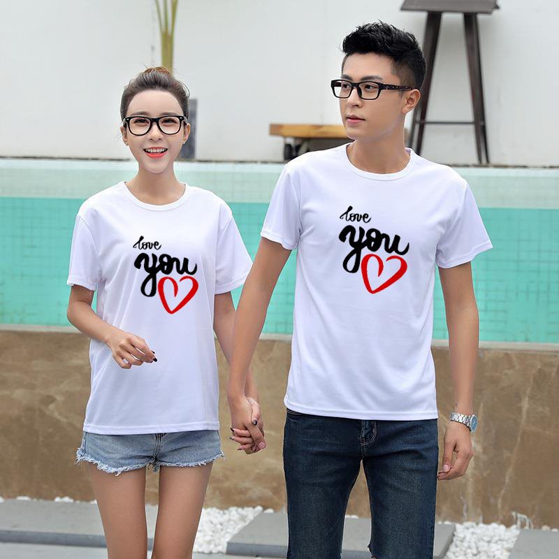 Áo thun cặp thời trang cổ tròn,thun cotton 4 chiều co giãn In Nhiệt Trái Tim Love You