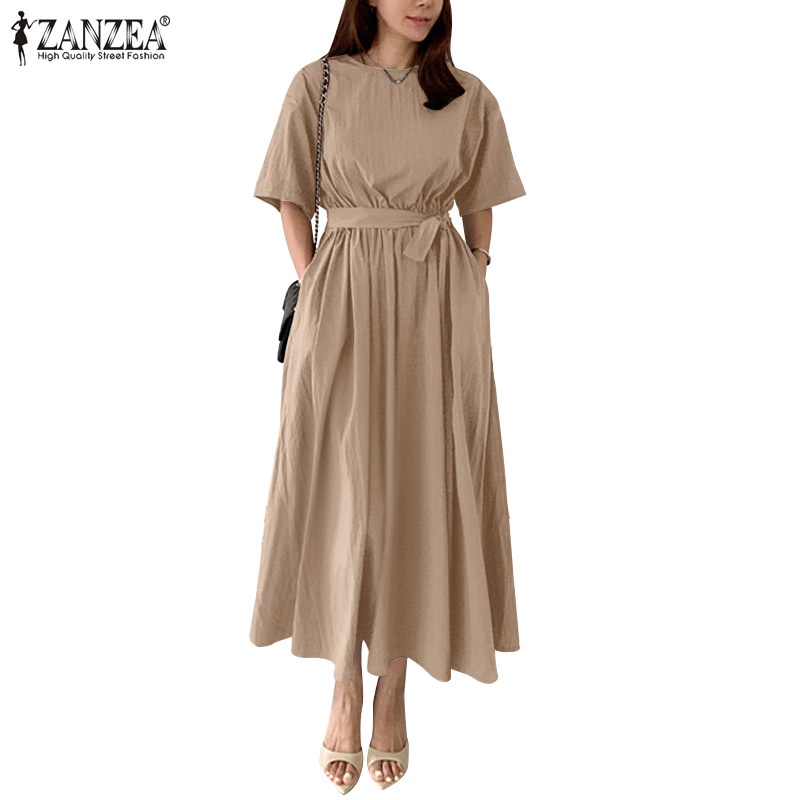 Zanzea Đầm Dài Tay Lửng Thắt Lưng Thun Màu Trơn Cổ Điển Dành Cho Nữ