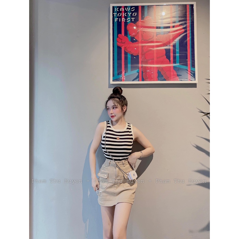 Áo len nữ ba lỗ CN kẻ ngang hàng quảng châu