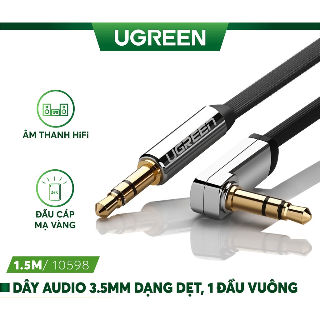 Dây Loa 2 Đầu 3.5mm dài 1.5m - 1 Đầu Vuông Góc 90 độ Màu Đen Ugreen 10598 - Hàng Chính Hãng