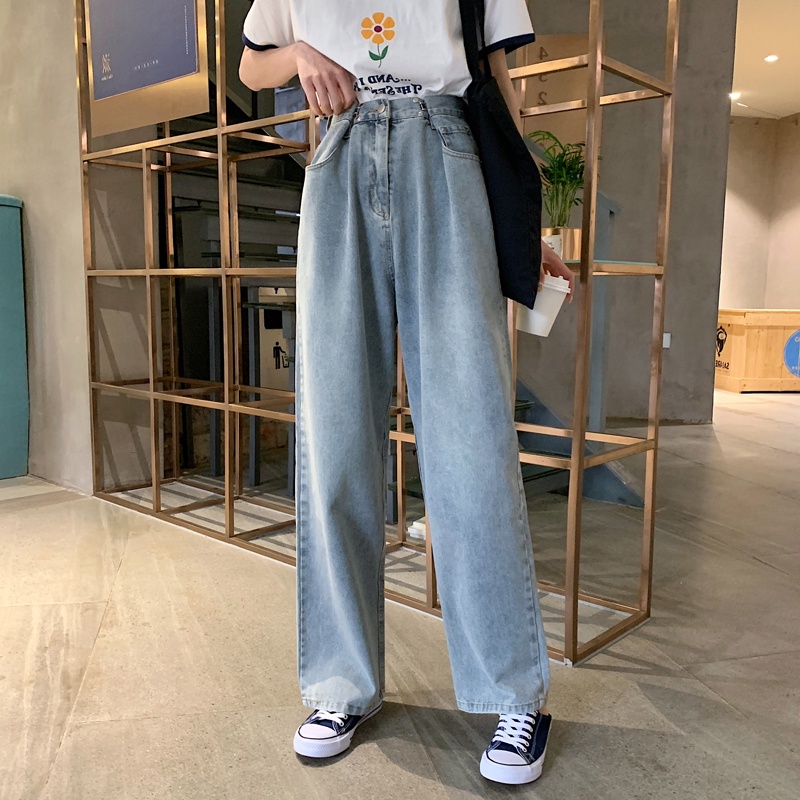 Quần Jeans Gài Eo Ống Rộng Ulzzang Lưng Cao Zinti 2 Màu Đen - Xanh QD23