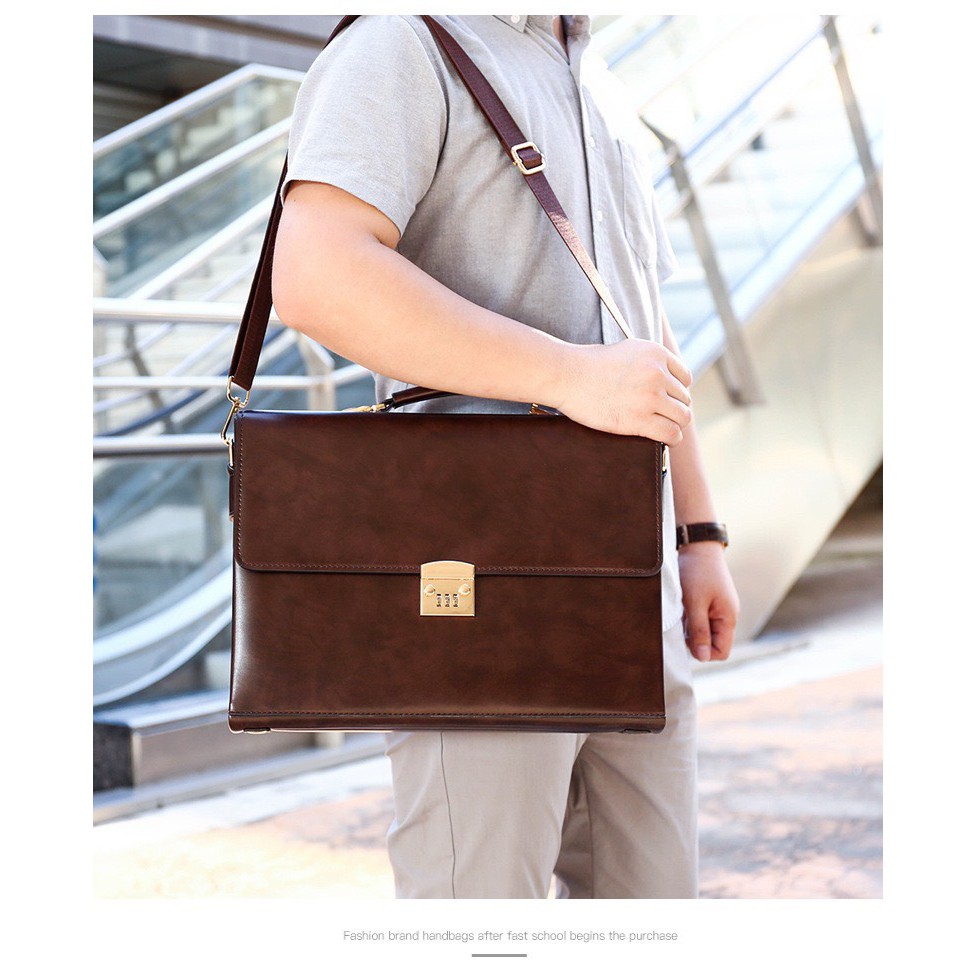 Túi xách cặp da giáo viên đựng laptop 14 inch da bò công sở T21 khóa số (Nâu-Đen) | BigBuy360 - bigbuy360.vn