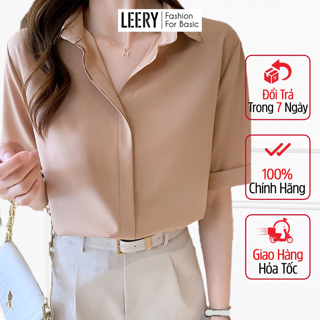 Áo sơ mi nữ công sở cao cấp kiểu Hàn Quốc form rộng đẹp ngắn tay màu Trắng Đen Be Xanh LEERY SM-02