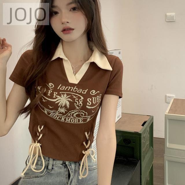 Áo Thun Ngắn Ôm Eo Cột Dây Cổ Lật Màu Sắc Tương Phản Phong Cách Retro Đường Phố Mỹ Cho Nữ