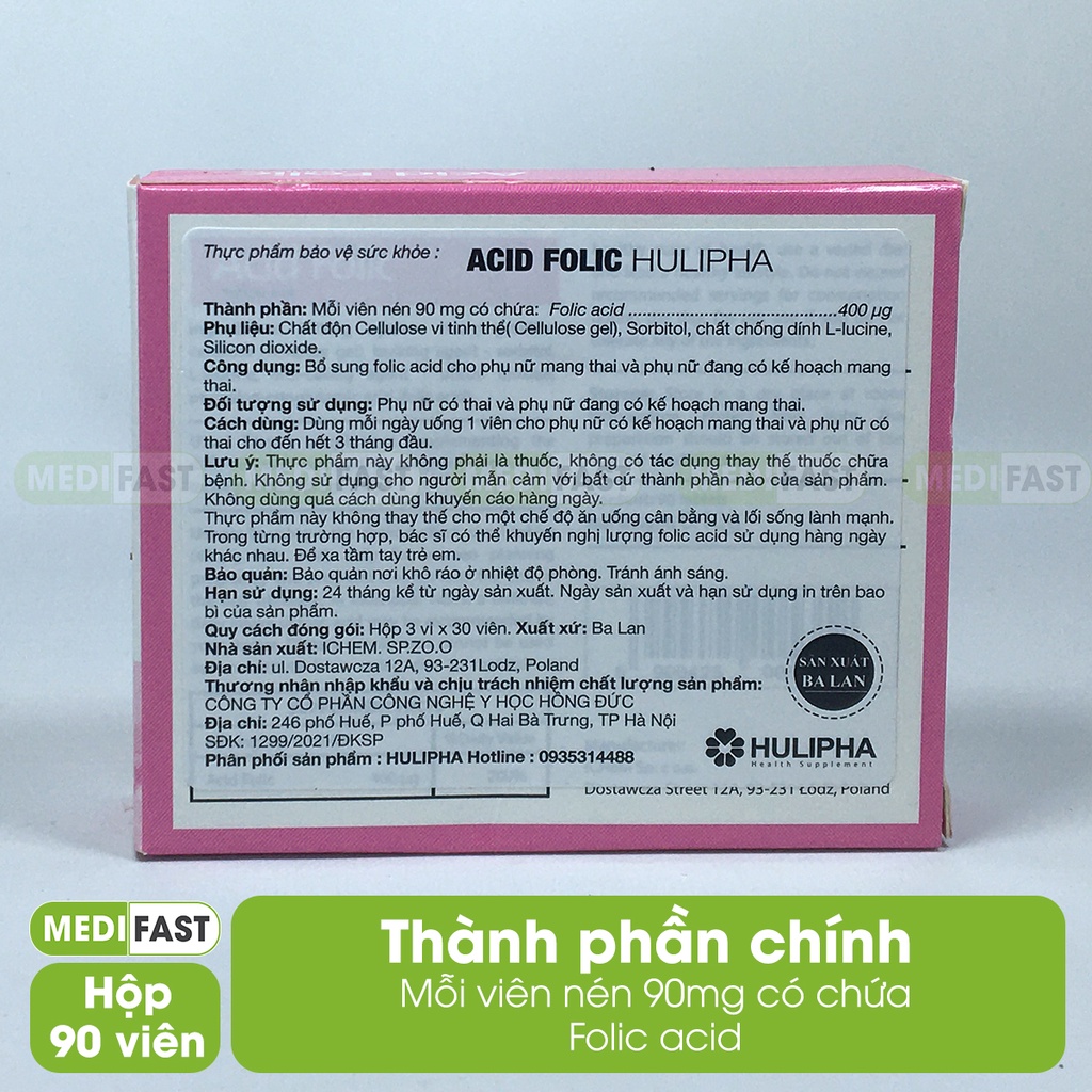 Acid Folic bổ sung cho mẹ bầu và phụ nữ chuẩn bị mang thai Hộp 90 viên, nhập khẩu từ Châu Âu Acid-folic Hulipha