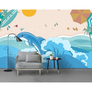 Tranh dán tường Cá heo chơi đùa với sóng biển, tranh dán tường 3d hiện đại (tích hợp sẵn keo) MS1162878