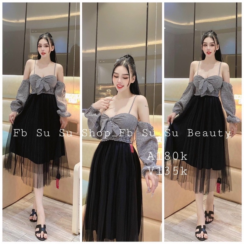 Áo Caro Trễ Vai 2 Dây Nơ Ngực Nhún Eo