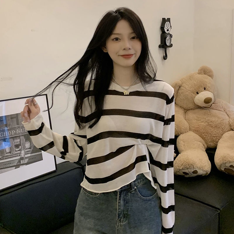 Áo Dệt Kim Mỏng Chống Nắng Họa Tiết Kẻ Sọc Đơn Giản Sáng Tạo