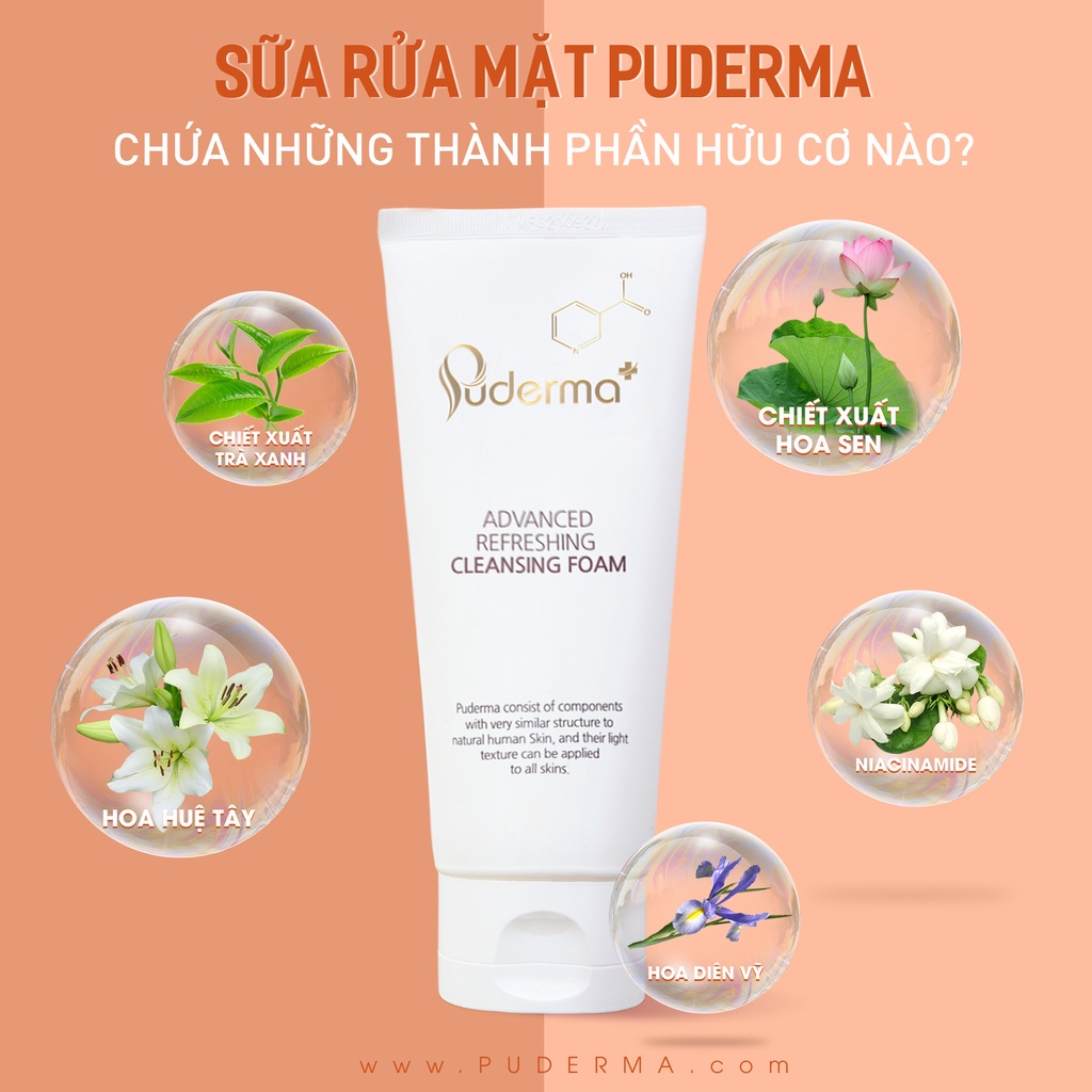 Sữa Rửa Mặt Puderma Advanced Refreshing Cleansing Foam Làm Sạch, Khỏe Da, Đánh Bay Bụi Bẩn, Bã Nhờn 120ml