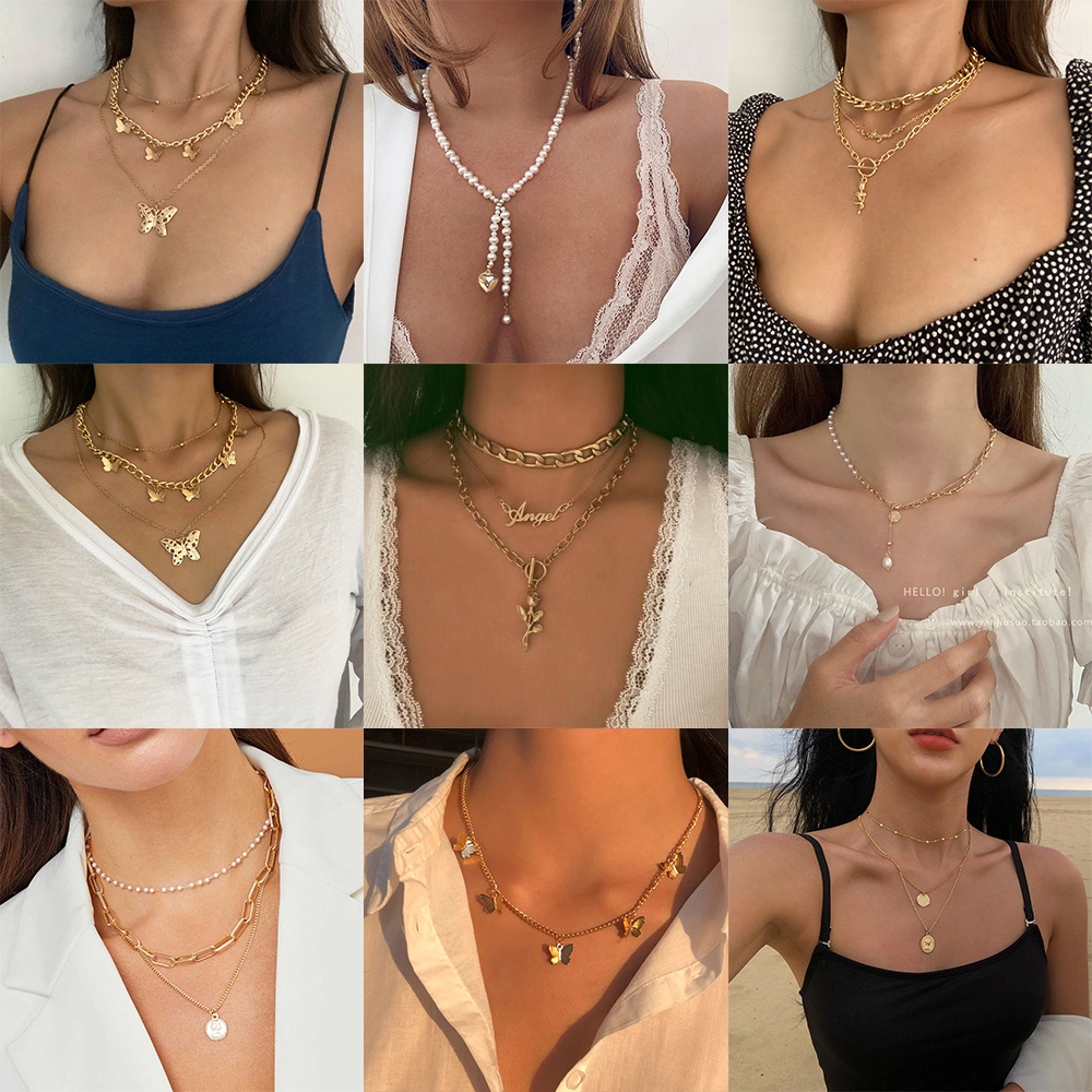 Vòng cổ Kim Loại Nhiều Lớp Mặt Hình Bướm / Trái Tim Đính Đá Thời Trang Hàn Quốc Cho Nữ