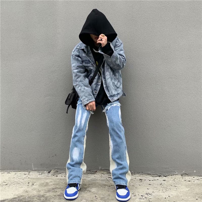 Quần Jeans ống rộng loang màu phối ống cách điệu, Quần Jeans nam phong cách Streetwear