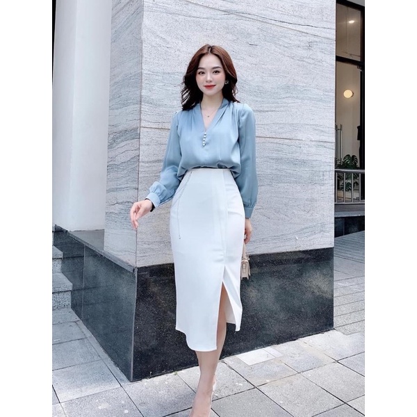 ANU407 - ÁO SƠ MI NỮ LỤA CỔ V CÚC NGỌC DÀI TAY