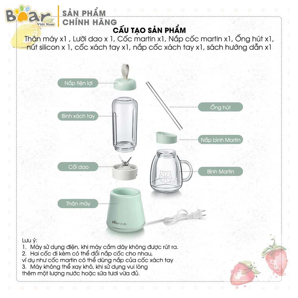[BEAR CHÍNH HÃNG]Máy xay sinh tố cầm tay Bear dung tích 1L LLJ-D04A1 màu xanh mint kèm 2 bình thủy tinh+ống hút tiện lọi