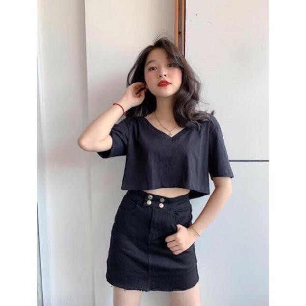 Áo thun dáng croptop cổ tim, Áo phông dáng ngắn form rộng vải cotton trơn co giãn AS0801 - NhiNhiShop  ྇