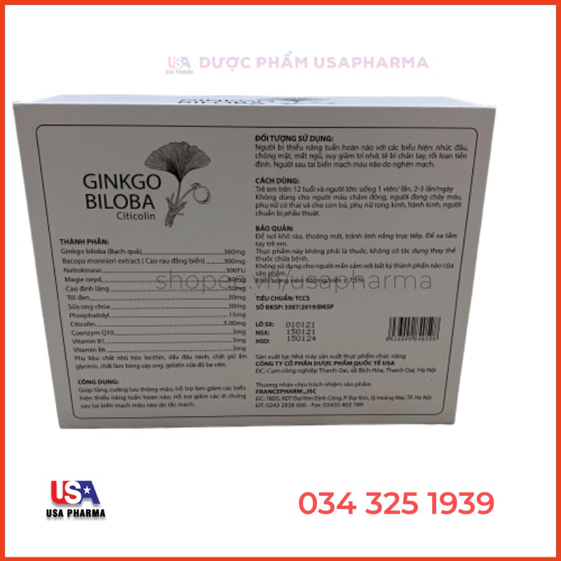 Viên bổ não GINKGO BILOBA 360mg Giúp tăng cường trí nhớ, tập trung trí tuệ - Hộp cứng 100 viên