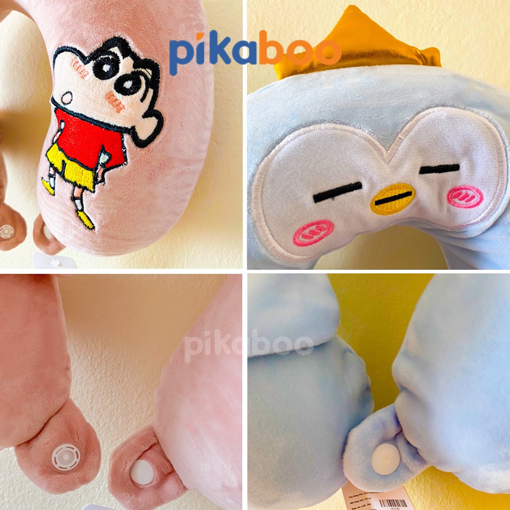 (Summer Sale 50%) Gối kê cổ kèm miếng che mắt cao cấp Pikaboo, vải cotton nhung lông mịn mềm co dãn, bông 3D tinh khiết