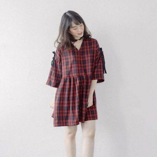 Đầm babydoll caro đỏ kèm hình chụp thật