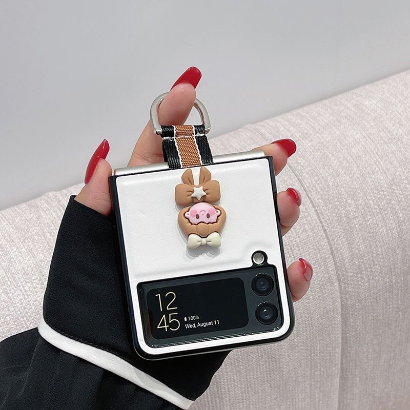 Ốp Samsung Z Flip 4 - Z Flip 3 - Z Flip3 - Flip4 5G vân da trắng charm dễ thương cute có khóa đeo tay