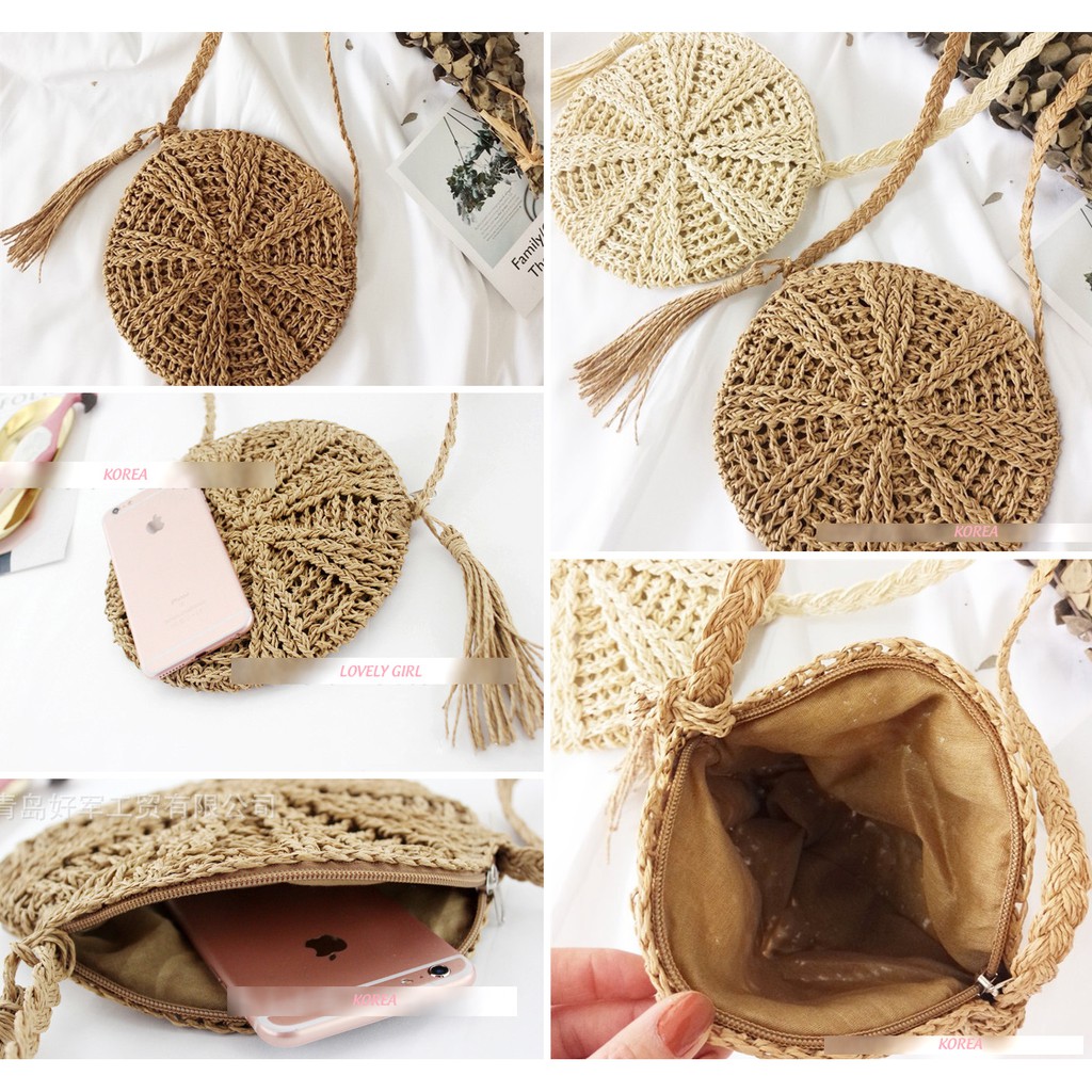 Túi Cói Tròn Đan Cánh Quạt Phối Tua Rua Xinh P1282