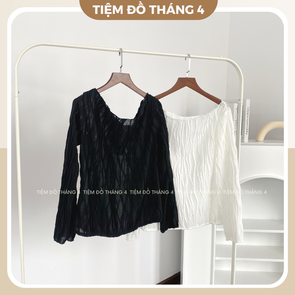 Áo Trễ Vai Nữ Trắng Đen Dập Nổi Phối Váy Dài, Áo Kiểu Nữ Trắng Đen Dập Nổi Phối Váy Dài Sang Chảnh Mới 2022 - MOLISA TOP
