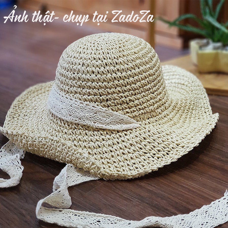 Mũ cói đi biển tiểu thư dây ren Vintage