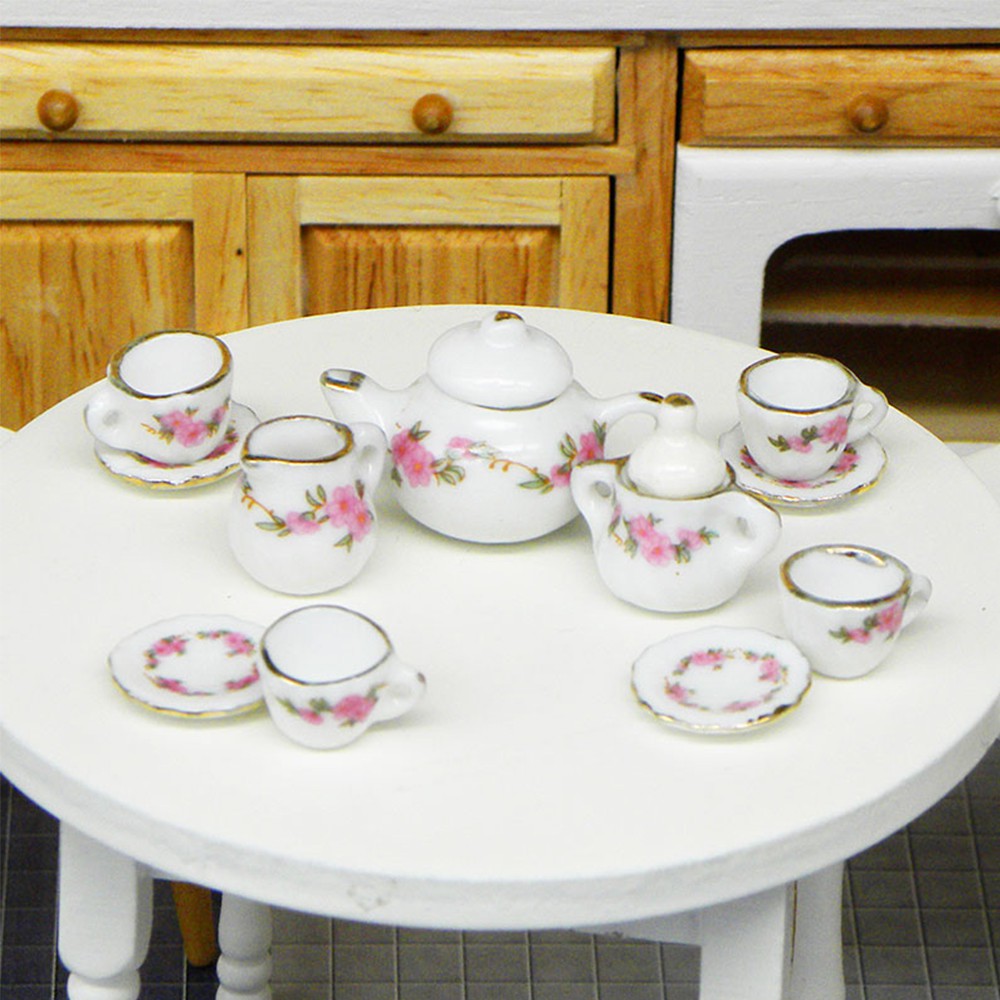 LUCKY 11pcs Toys Porcelain Tea Cup Set Chic Style 1/6 1/12 Miniature Dollhouse Accessories with|Trim Kitchen Home Decoration Kit Floral Pattern Dining Ware