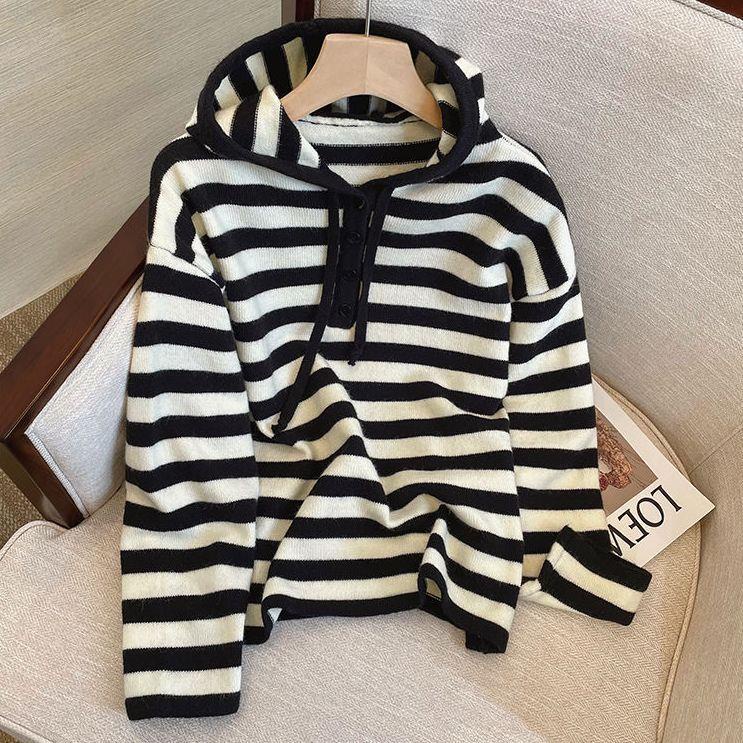 Áo Khoác Dệt Kim Có Mũ Trùm Dáng Rộng Họa Tiết Kẻ Sọc Thời Trang Thu Đông Cho Nữ