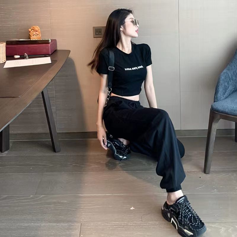 Set đồ thể thao 2 mảnh gồm áo thun ôm ngắn tay + quần dài cotton lưng cao co giãn mặc thường ngày thời trang hè cho nữ