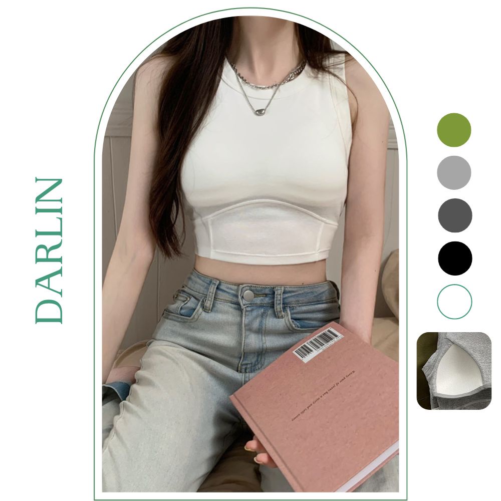 Áo Croptop Ba Lỗ Có Mút Darlin Cổ Tròn Viền Ngực Sát Nách Bo Viền Thun Trơn Mặc Đi Chơi Biển Tập Gym Yoga