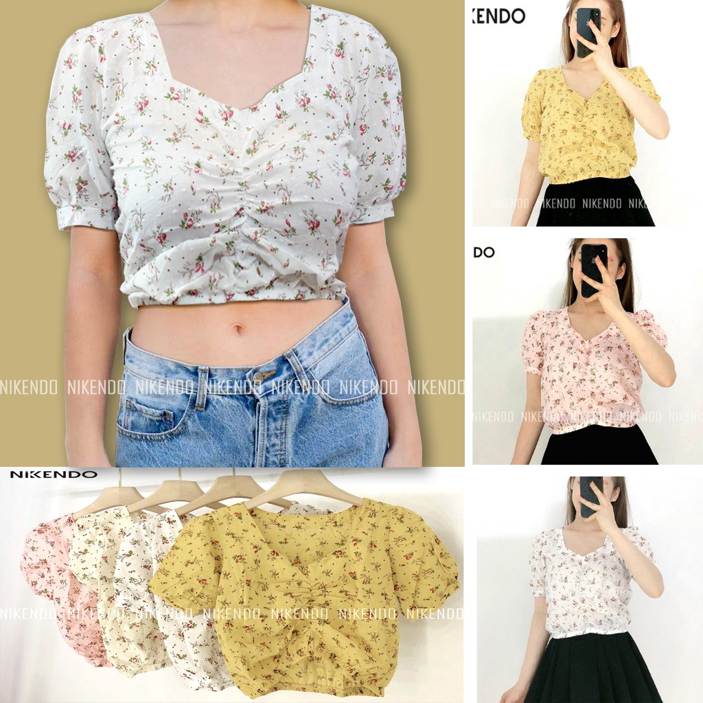 Áo Croptop NỮ Ôm Body Tay Phồng Nhún Ngực Cổ Vuông Hoa Nhí Chất Vải Boi 100% Cotton