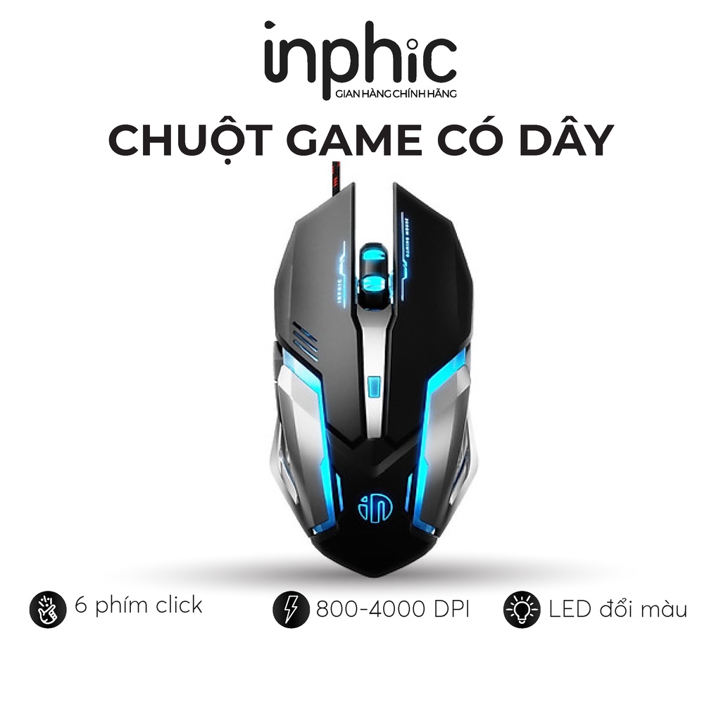 Chuột Gaming Có Dây 6 Nút Hỗ Trợ LED Đổi Màu Thiết Kế Tiện Dụng Giúp Giảm Mỏi Tay 800-4000DPI INPHIC PB6S