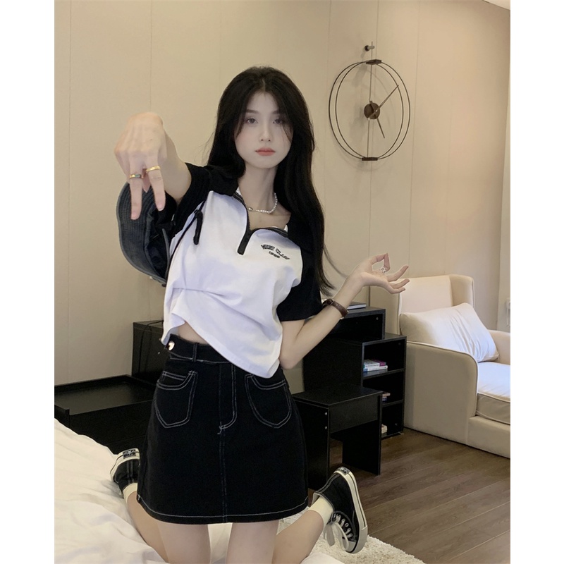 Xiaozhainv Áo Thun Croptop Ngắn Tay Cổ Polo In Chữ Phong Cách Vintage Mỹ