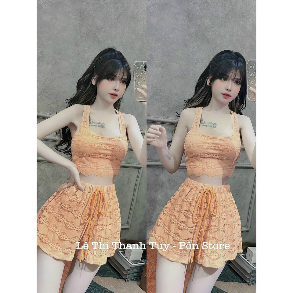 Set đồ nữ cá tính, sang chảnh đi chơi đẹp, đồ bộ nữ dễ thương chất ren 2 lớp quần short dây rút kèm áo croptop 2 dây