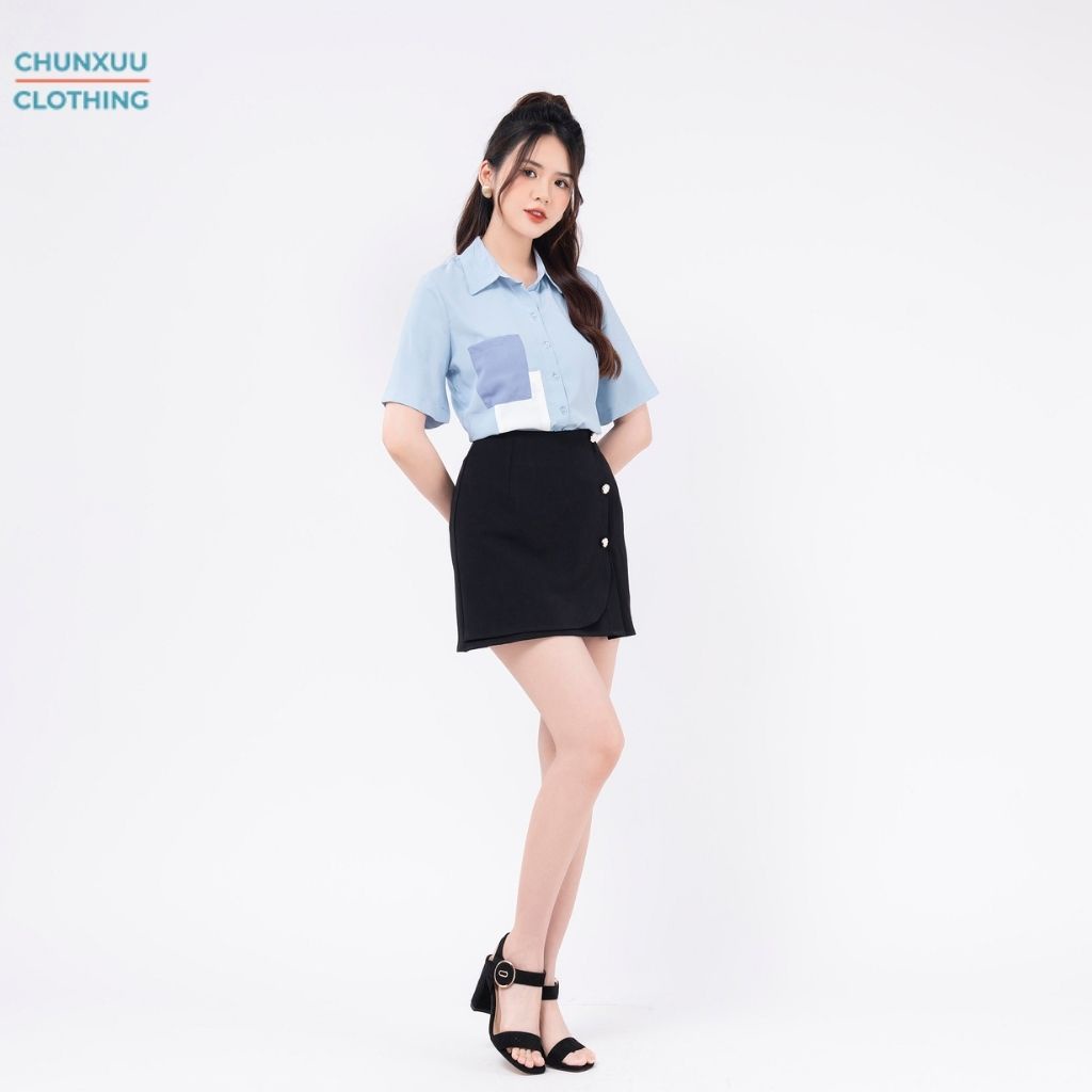 Áo sơ mi nữ trắng cộc tay Chunxuu thiết kế túi áo cách điệu thời trang - SK05