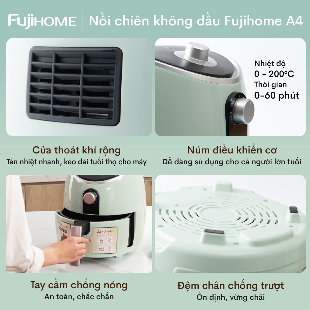 Nồi chiên không dầu 5 Lít nhập khẩu Nhật Bản Fujihome tự ngắt tiết kiệm điện, nồi chiên k dầu cơ 5 L chống dính cao cấp