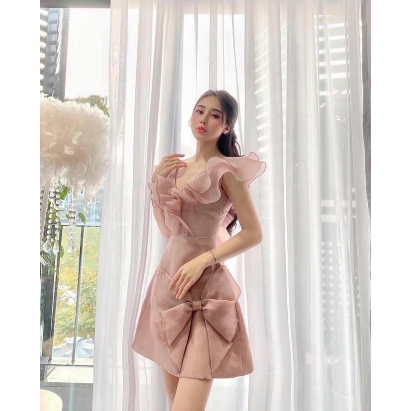 (Mẫu Mới) Sale Mạnh Đầm Voan Kiếng Tơ Cổ V Có Thắt Nơ Cực Đẹp UP Valentina Shop